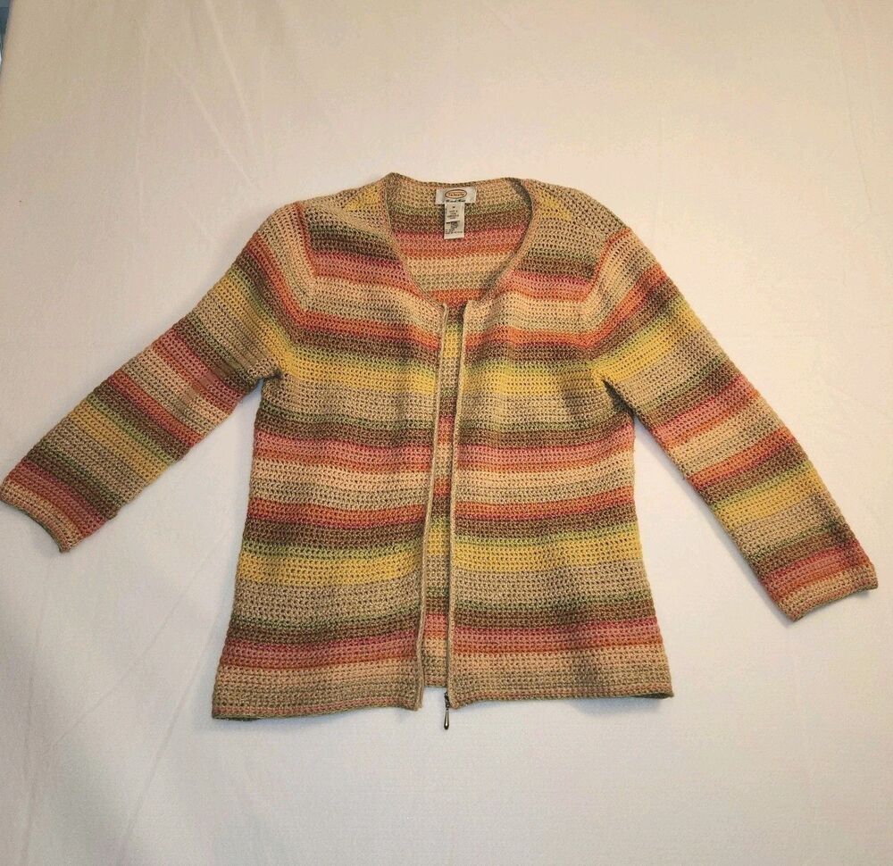 Talbots vintage hand knit Crochet Full Zip Striped Cardigan Sweater Women SZ Med